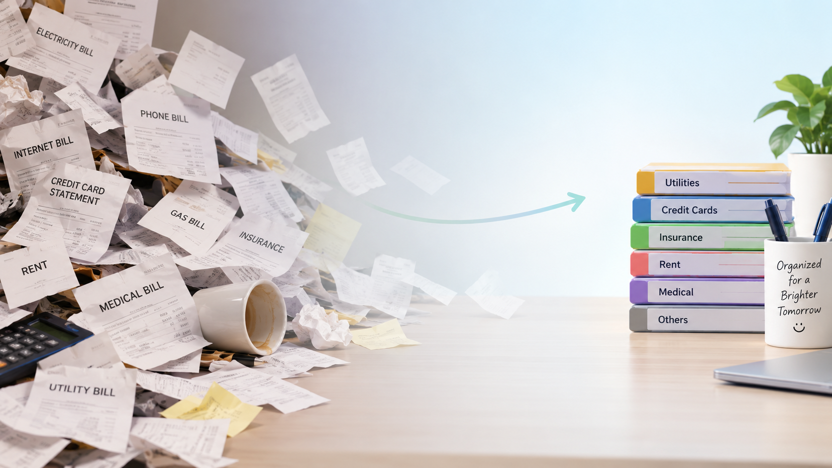 Loose paper bills turning into organised, labelled records